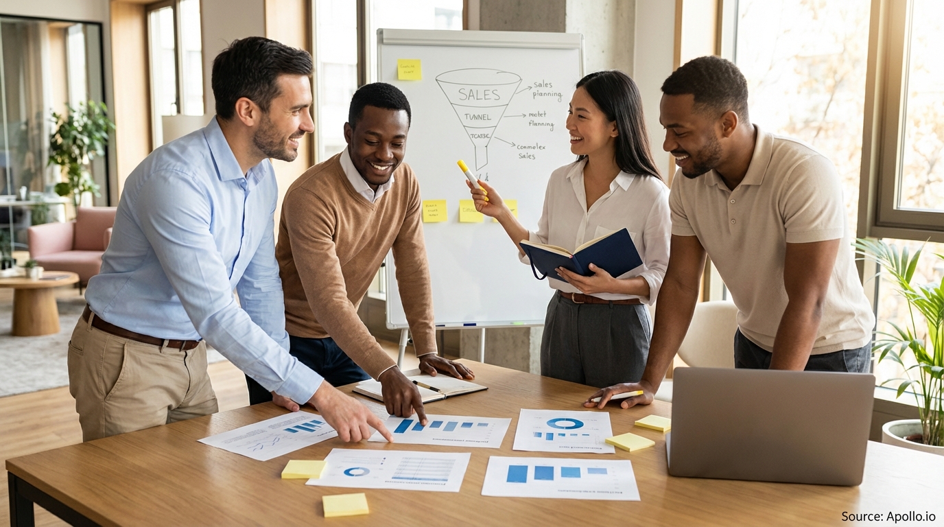 Sales professionals discussing strategy around a conference table discussing compensation strategies