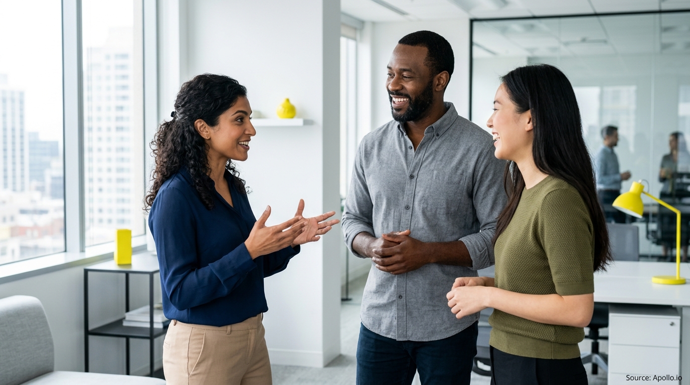 Three diverse professionals talk and laugh together in a bright, modern office setting.