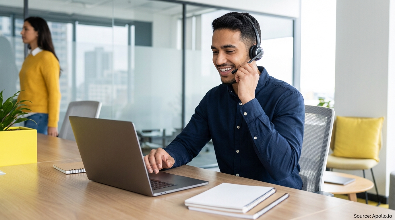 Smiling man in a headset uses a laptop at an office desk, with a woman walking in the background.