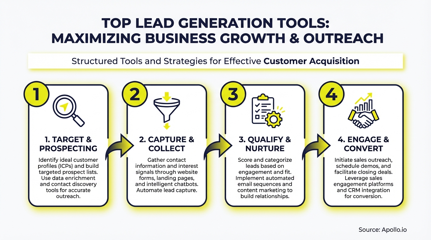 A four-step lead generation process diagram with icons, explaining customer acquisition.