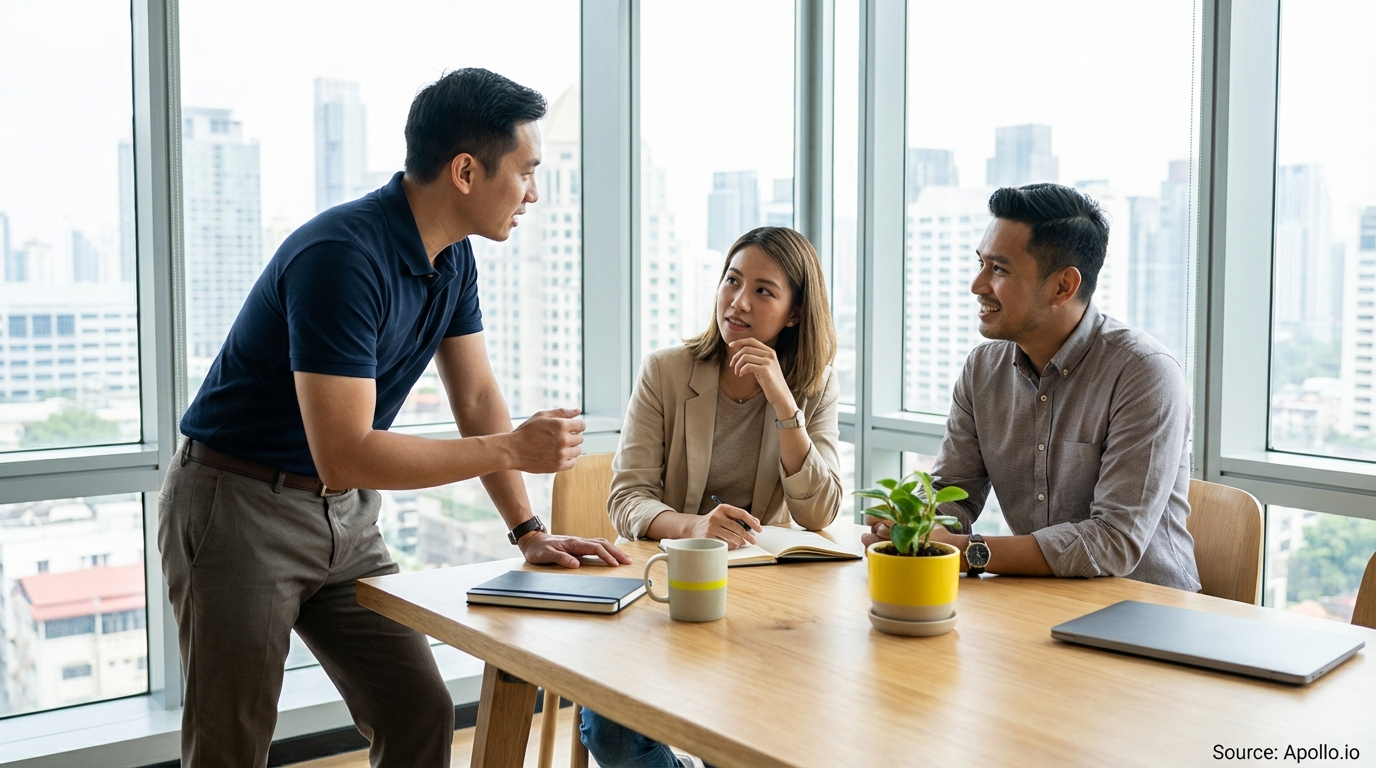 Three colleagues discuss ideas at a bright office table overlooking a city.