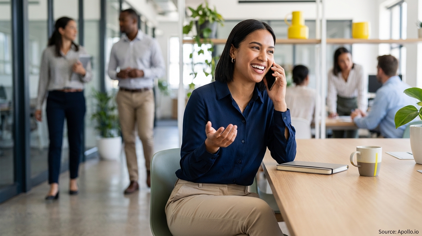 A smiling woman talks on the phone in a busy, modern office with other professionals.