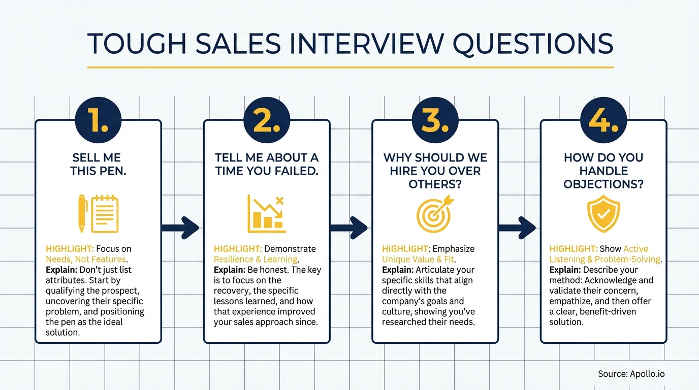 Four numbered blocks present tough sales interview questions and answer strategies.