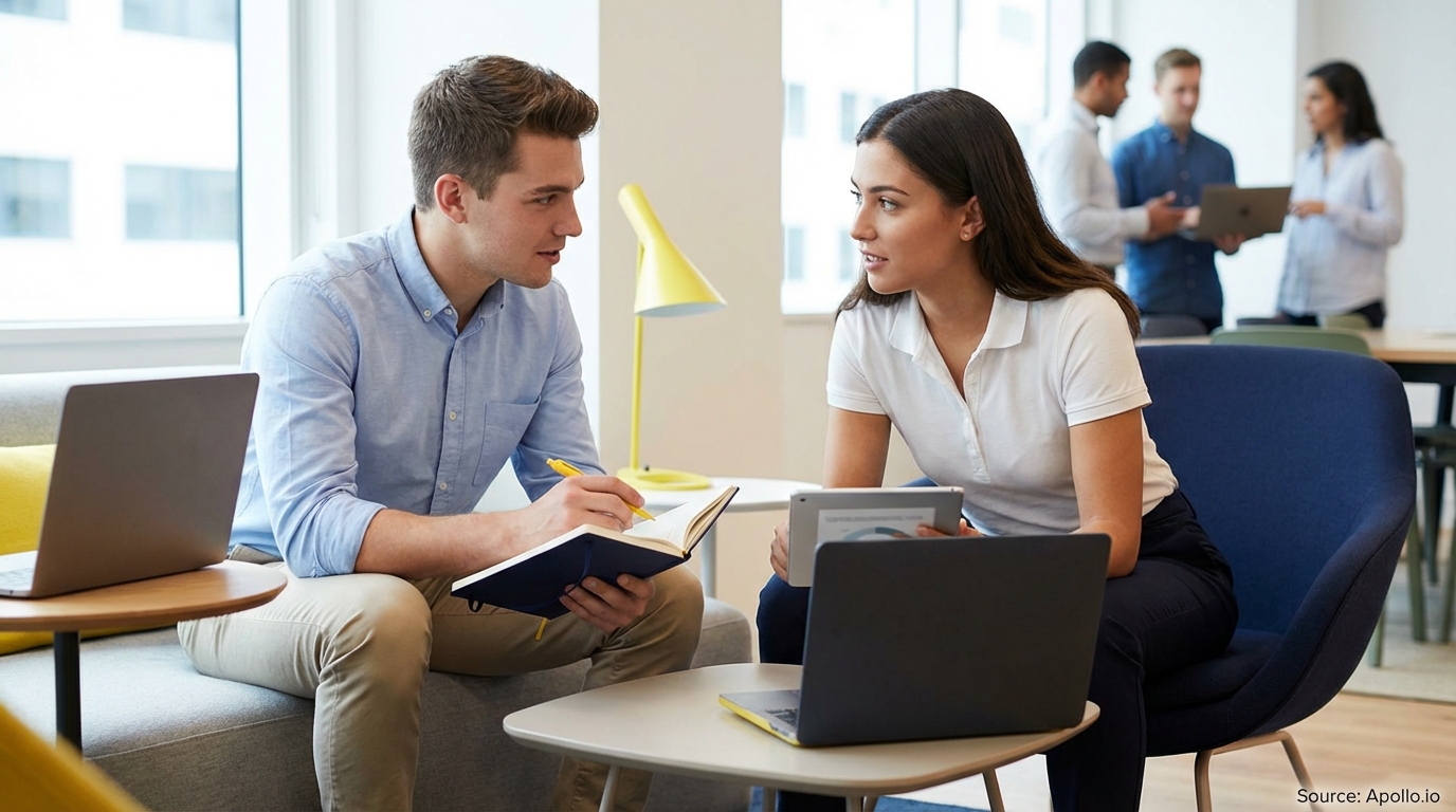 Two professionals discuss in a modern office, one with a notebook, one with a tablet.