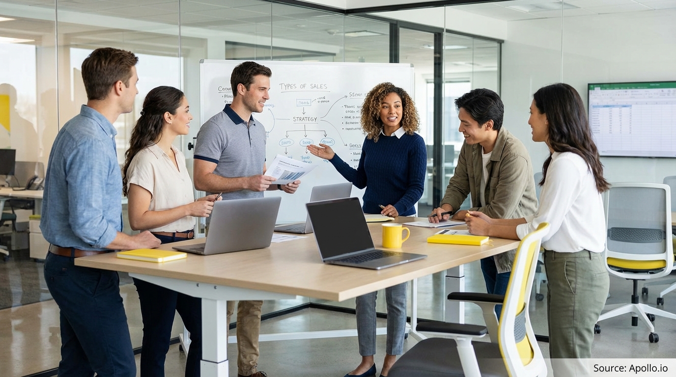 Sales team collaborating in a modern open-plan office in a sales team meeting