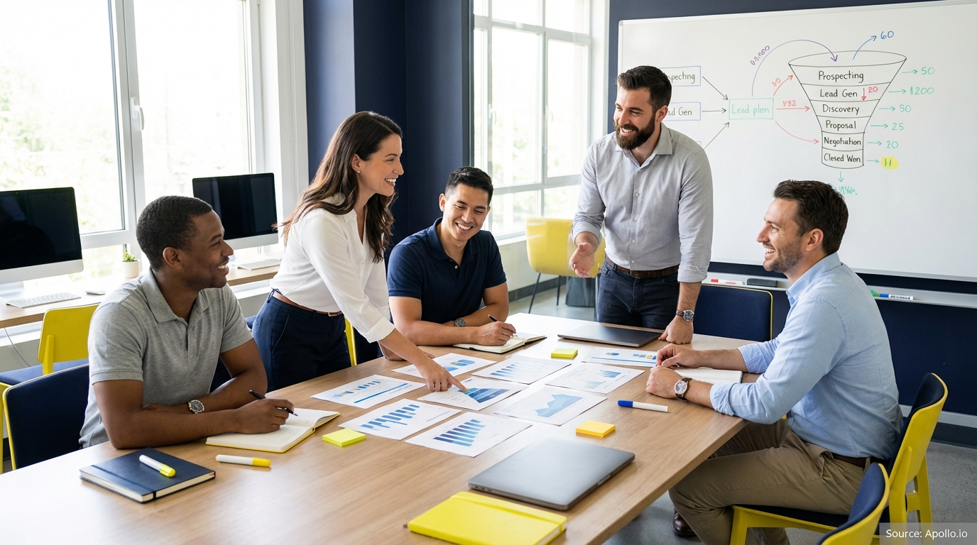 Sales professionals discussing strategy around a conference table in a sales team meeting