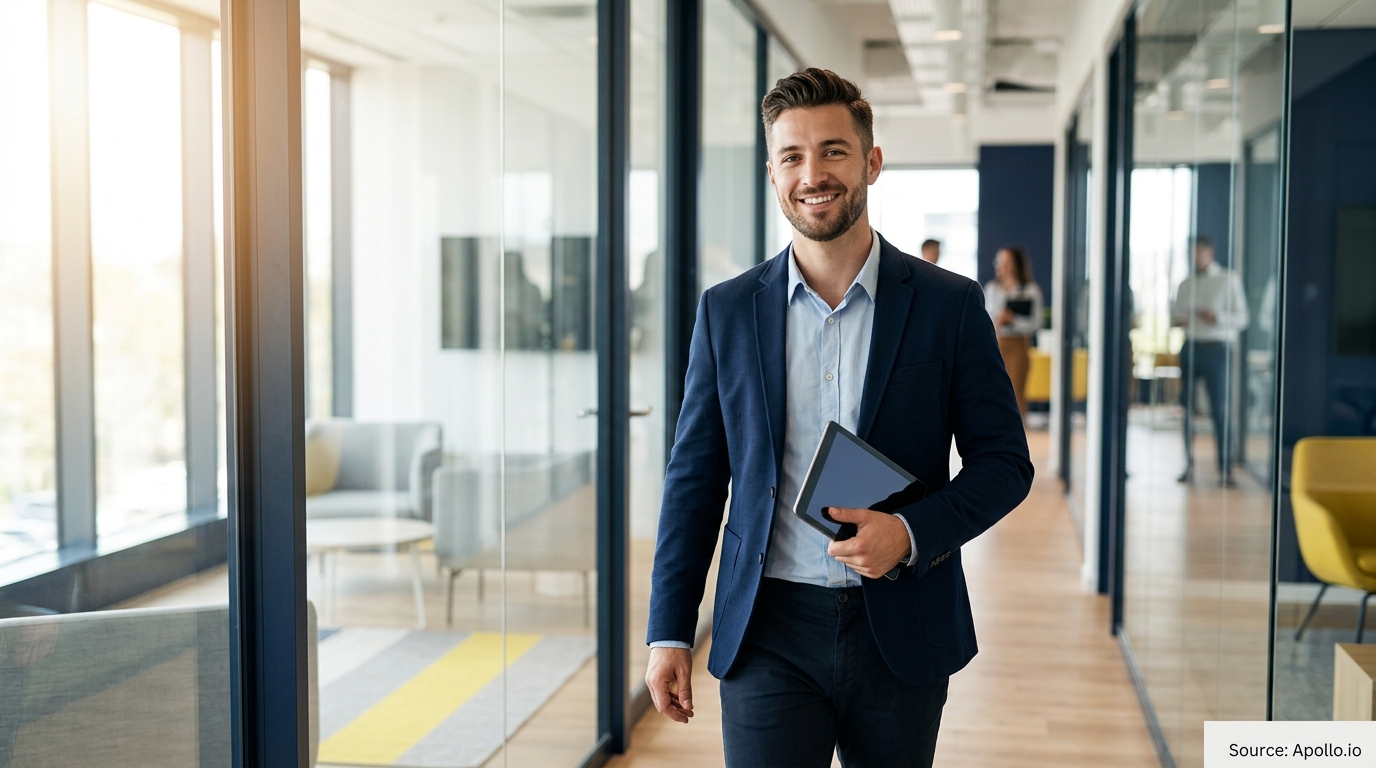 A smiling man walks through a modern office holding a tablet with three colleagues in the background.