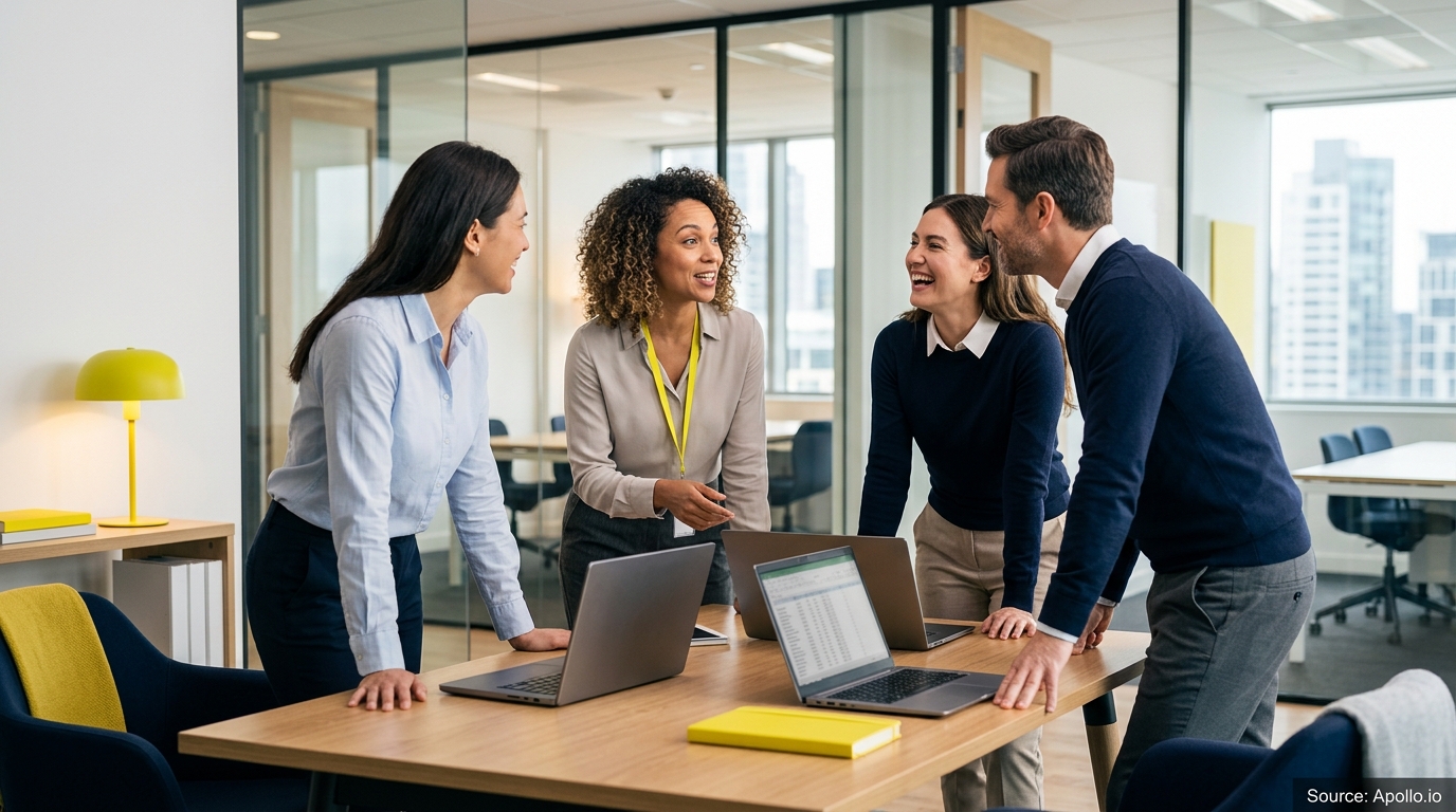 Four professionals collaborate and smile around a table with laptops in a bright, modern office.