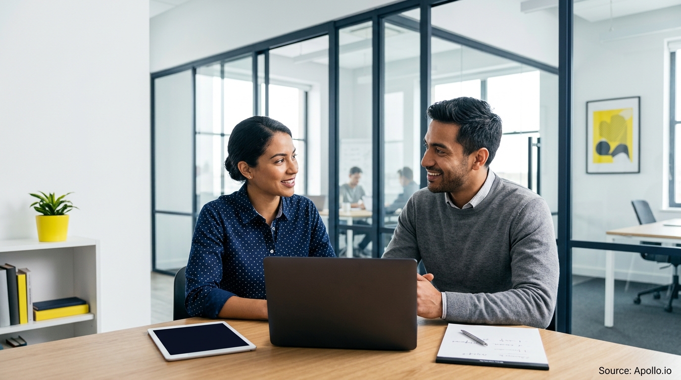 Two professionals collaborate at a desk with a laptop in a modern, glass-walled office.