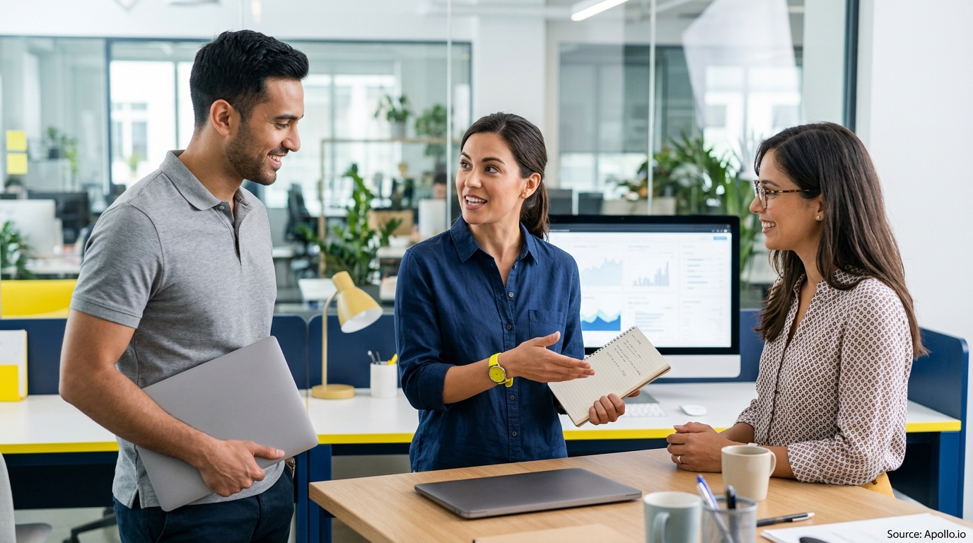 Three professionals collaborate and discuss work projects around a table in a bright, modern office setting.