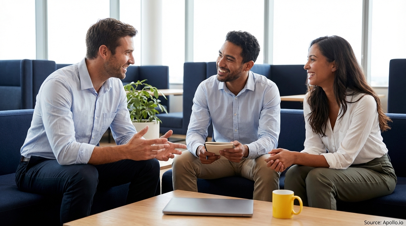Three smiling professionals discuss ideas in a modern office lounge.