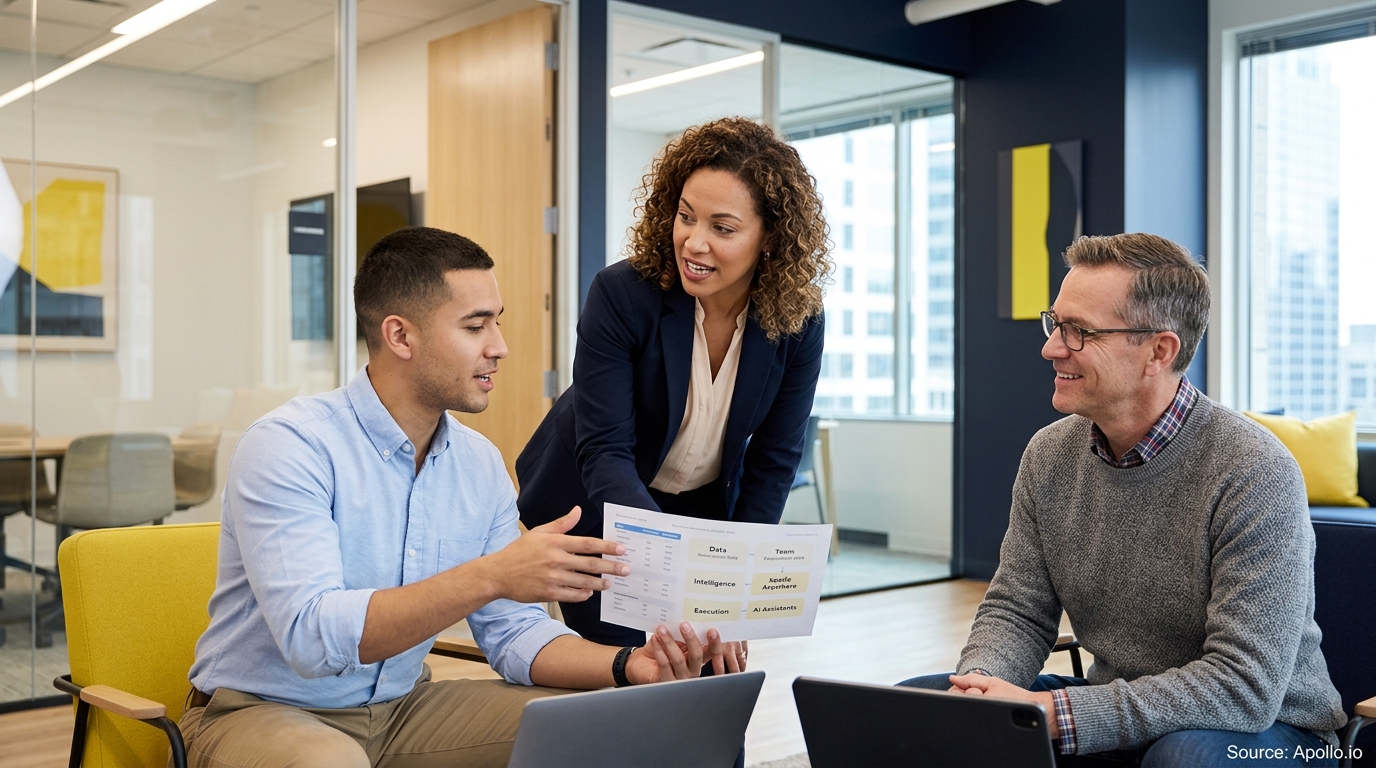 Three professionals discuss a business diagram together in a modern, collaborative office setting.