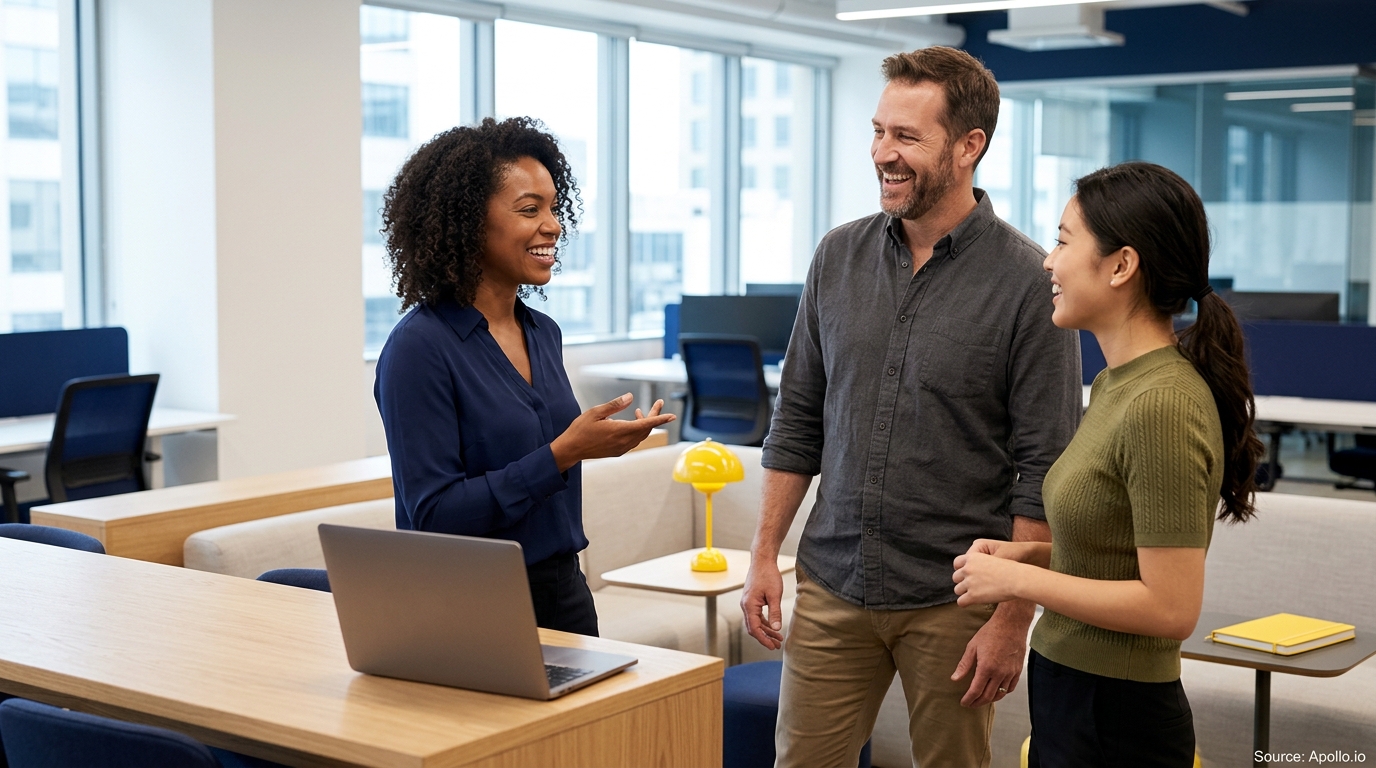 Three professionals smiling and talking in a modern open-plan office next to a laptop on a table.