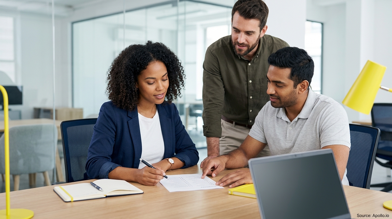 Three professionals collaborate over a document at a wooden desk in a bright, modern office.