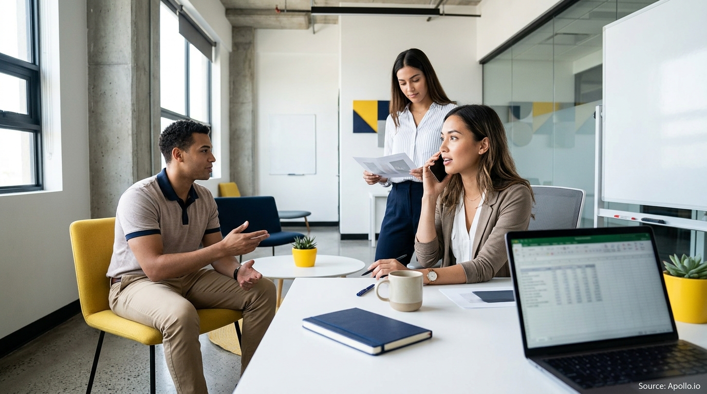 Three professionals collaborate in a bright office setting while talking on the phone and reviewing documents.