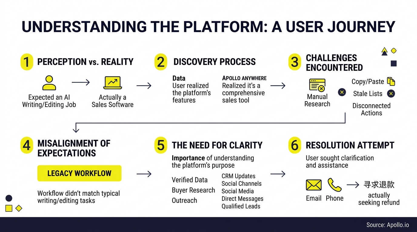 A six-step infographic illustrating a user journey from expecting an AI writing job to seeking a software refund.