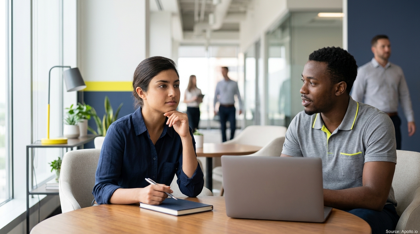 Two colleagues sit at a table in a modern office, discussing work beside an open laptop and notebook.