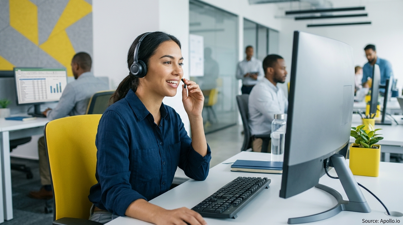 Five professionals work in a modern office as a woman wearing a headset smiles at her computer screen.