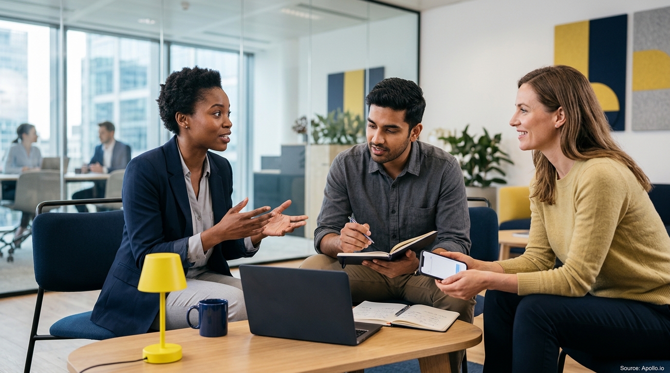 Three diverse professionals collaborate and review data using a laptop and smartphone in a modern office space.