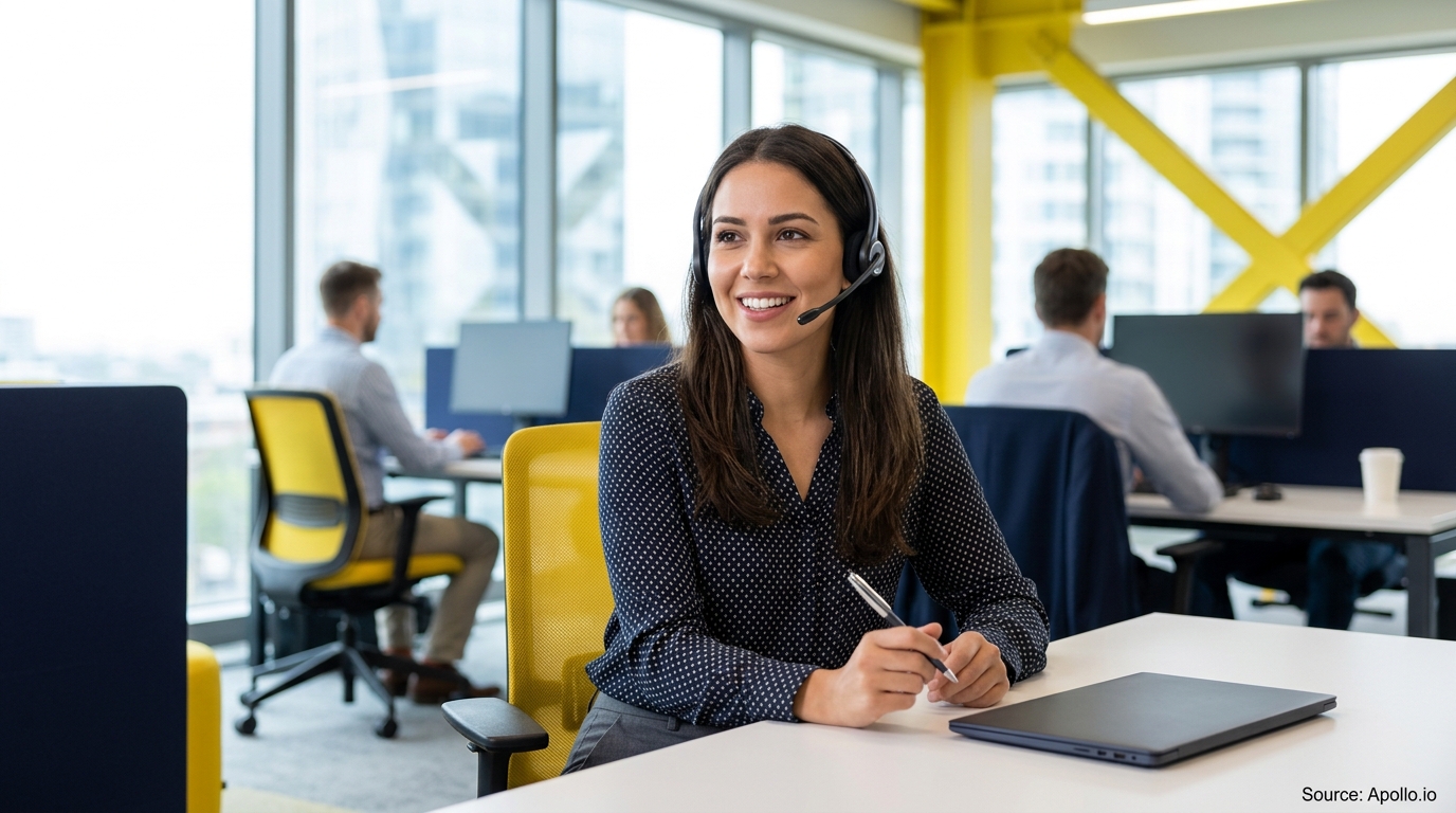 A smiling woman wearing a headset sits at her desk while three colleagues work in a modern office.