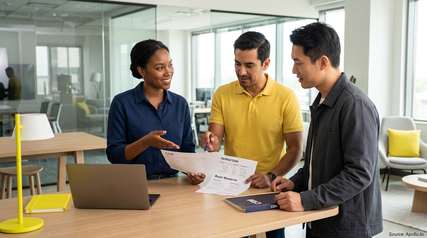 Three professionals review research documents and data together at a table in a bright, modern office.