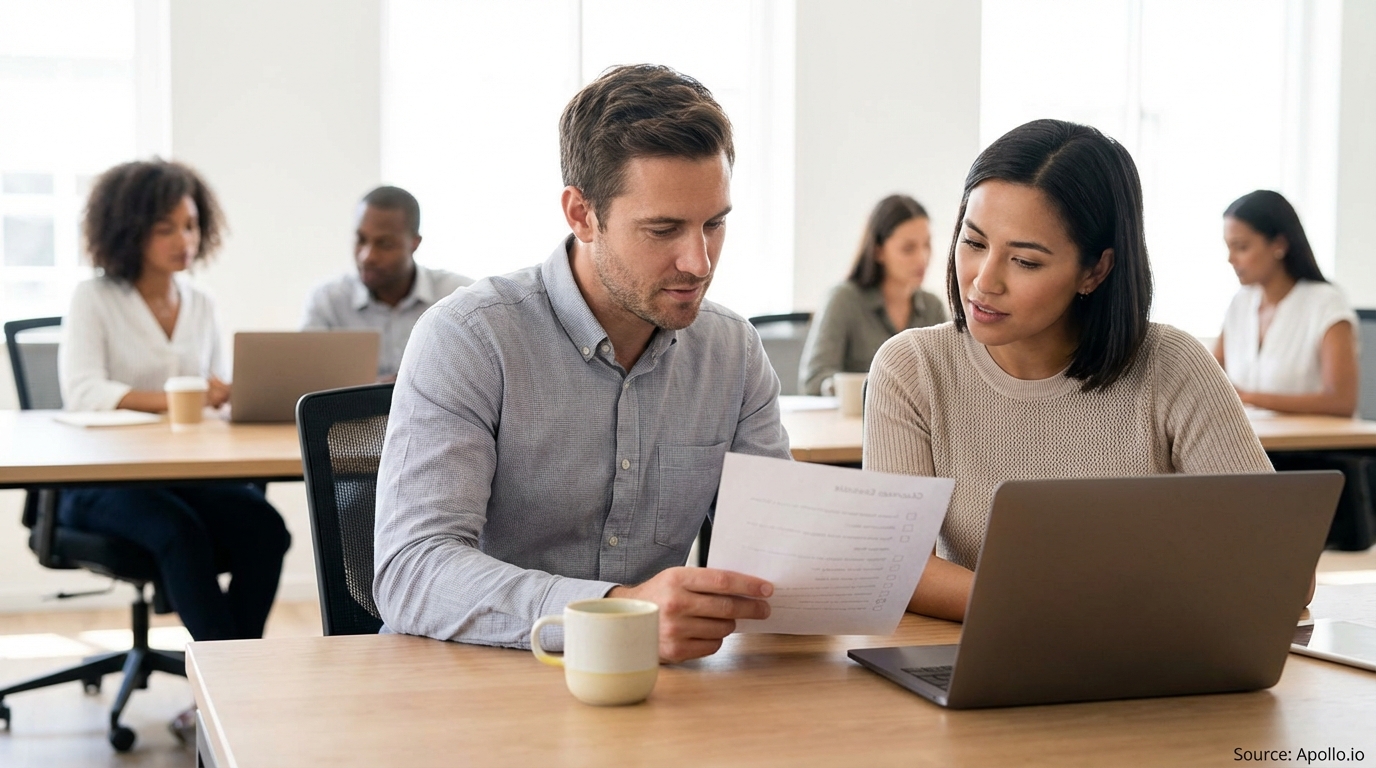 Two professionals discuss a document and laptop in a bright office with others working.