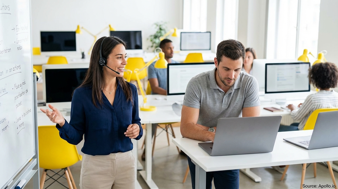 Sales development rep on a call wearing a professional headset planning outreach campaigns