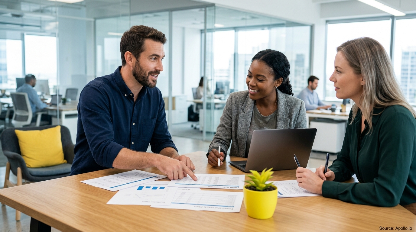 Three professionals review documents and a laptop while collaborating at a wooden table in a bright, modern office.