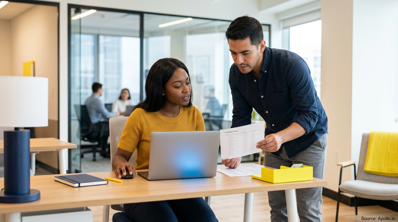 Two coworkers review a document of verified data while collaborating at a laptop in a modern office.