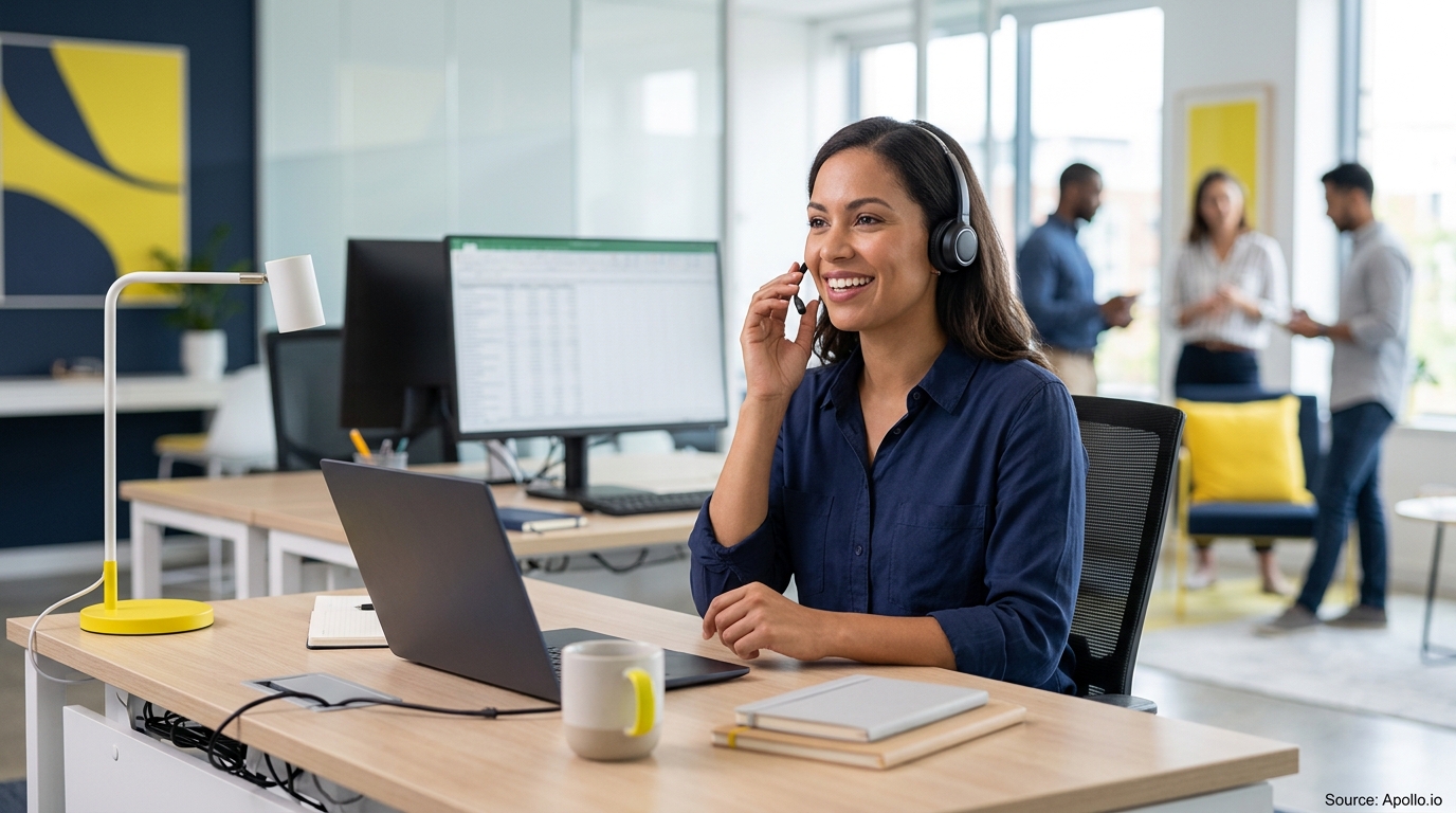 A professional woman wearing a headset works at her desk while three colleagues talk in a modern office.
