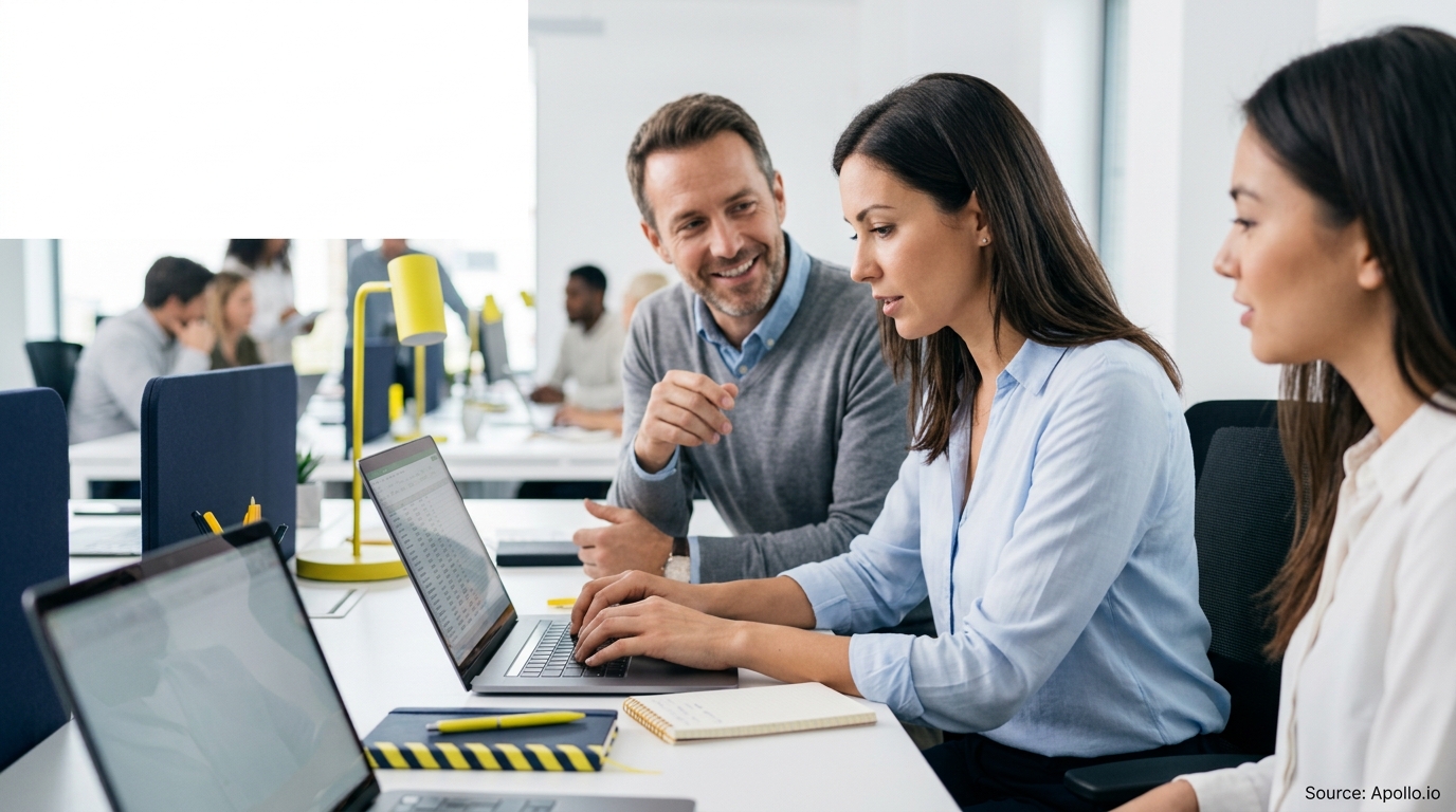 Three professionals review a spreadsheet on a laptop screen while working in a bright, modern office.