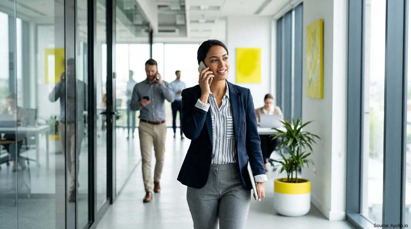 A professional woman talks on her mobile phone while walking through a bright, modern office with several colleagues.
