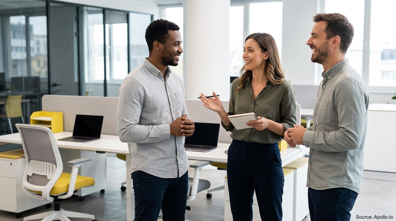 Three professionals smile and talk while standing together in a bright, modern open-plan office.