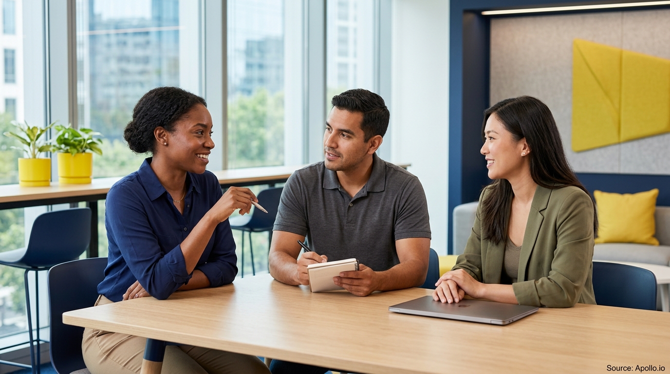 Three professionals sit around a wooden office table, taking notes and discussing work in a bright modern workspace.