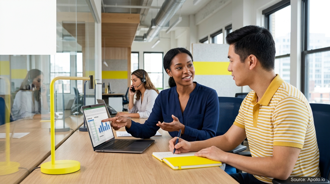 Three professionals collaborate in a bright, modern office while analyzing data on a laptop and taking notes.