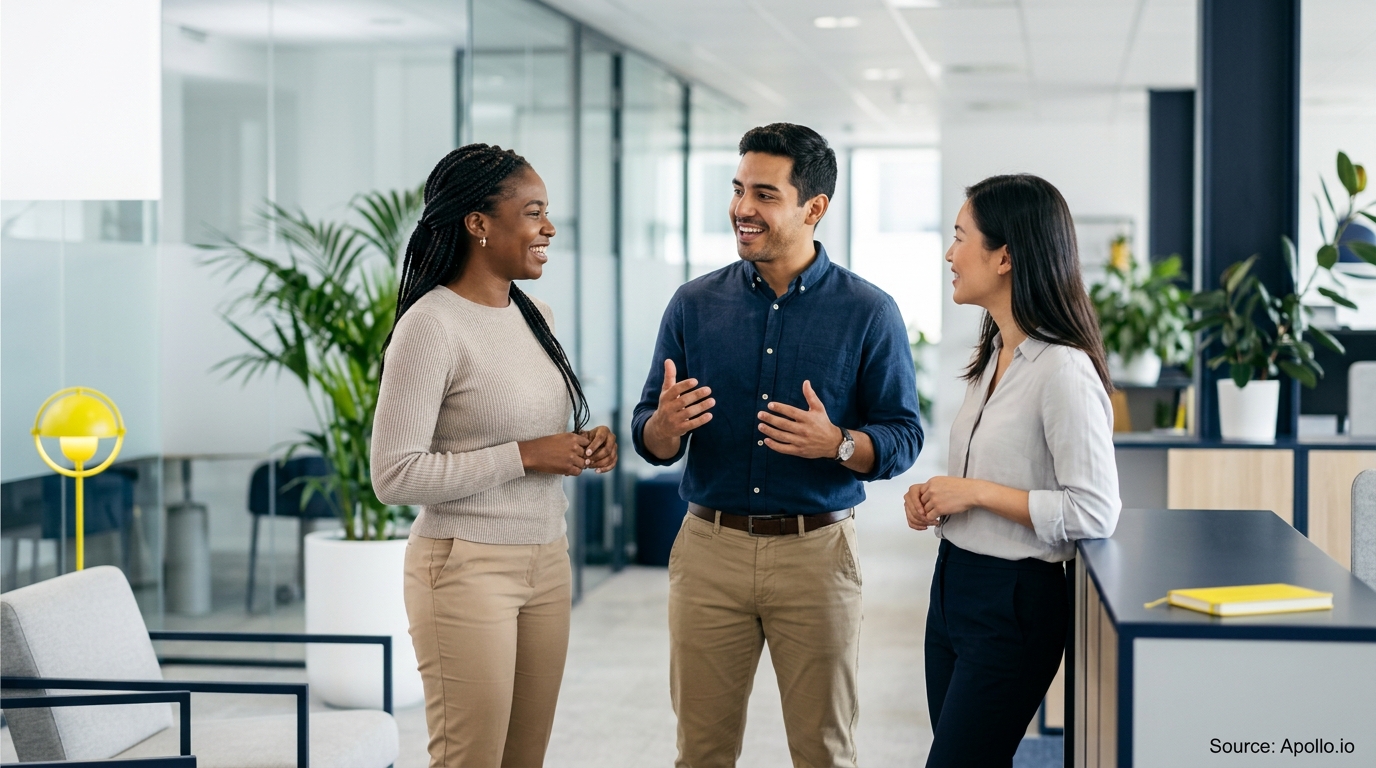 Three diverse professionals smiling and chatting in a bright, modern office setting.