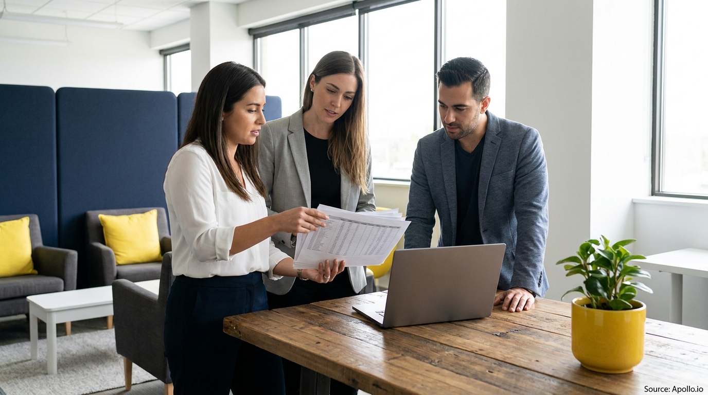 Three colleagues discuss documents and a laptop at a modern office table.