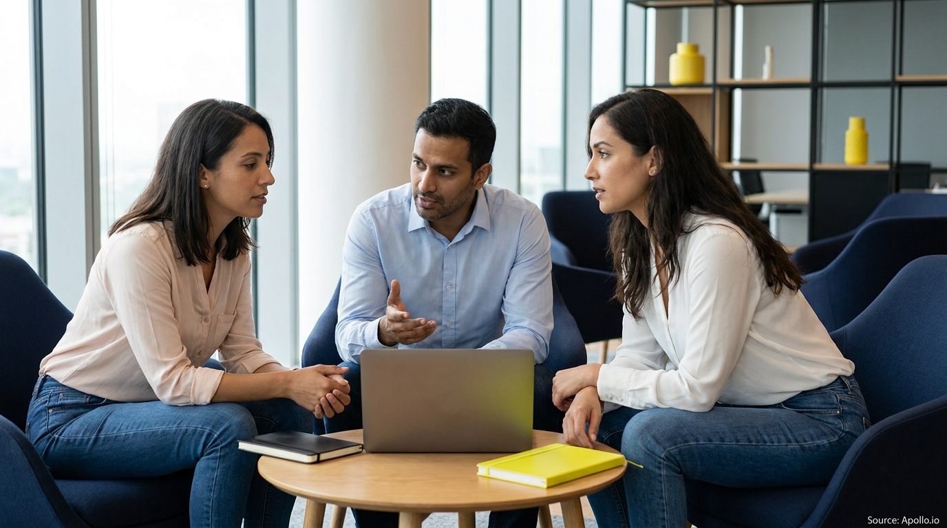 Three colleagues discuss work around a laptop in a modern office lounge area.
