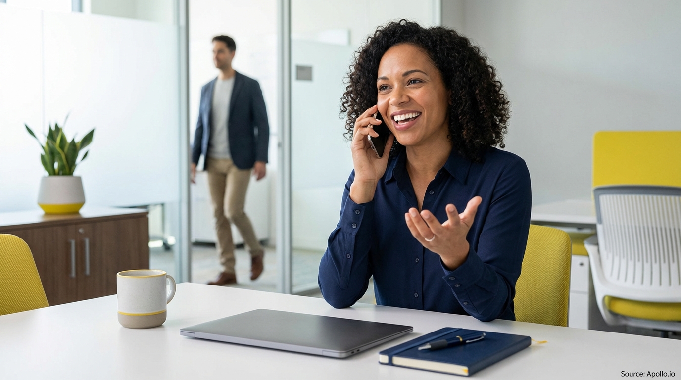 Smiling woman on phone at a modern office desk with laptop and notebook; man walks in background.