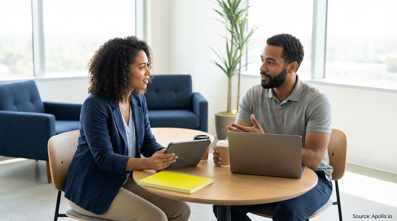 Two professionals discuss at a table with a tablet and laptop in a modern office.