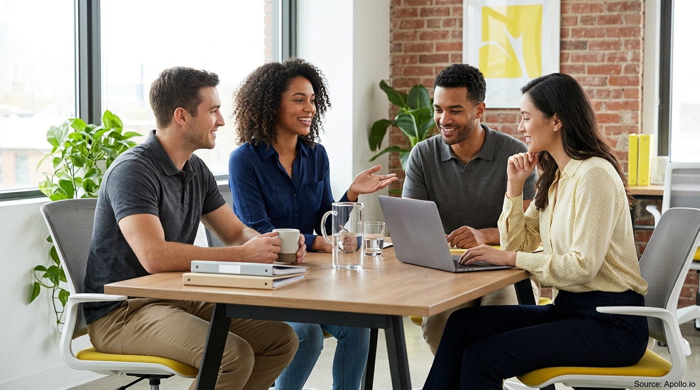 Four diverse professionals smile and collaborate around an open laptop at a modern wooden office table.