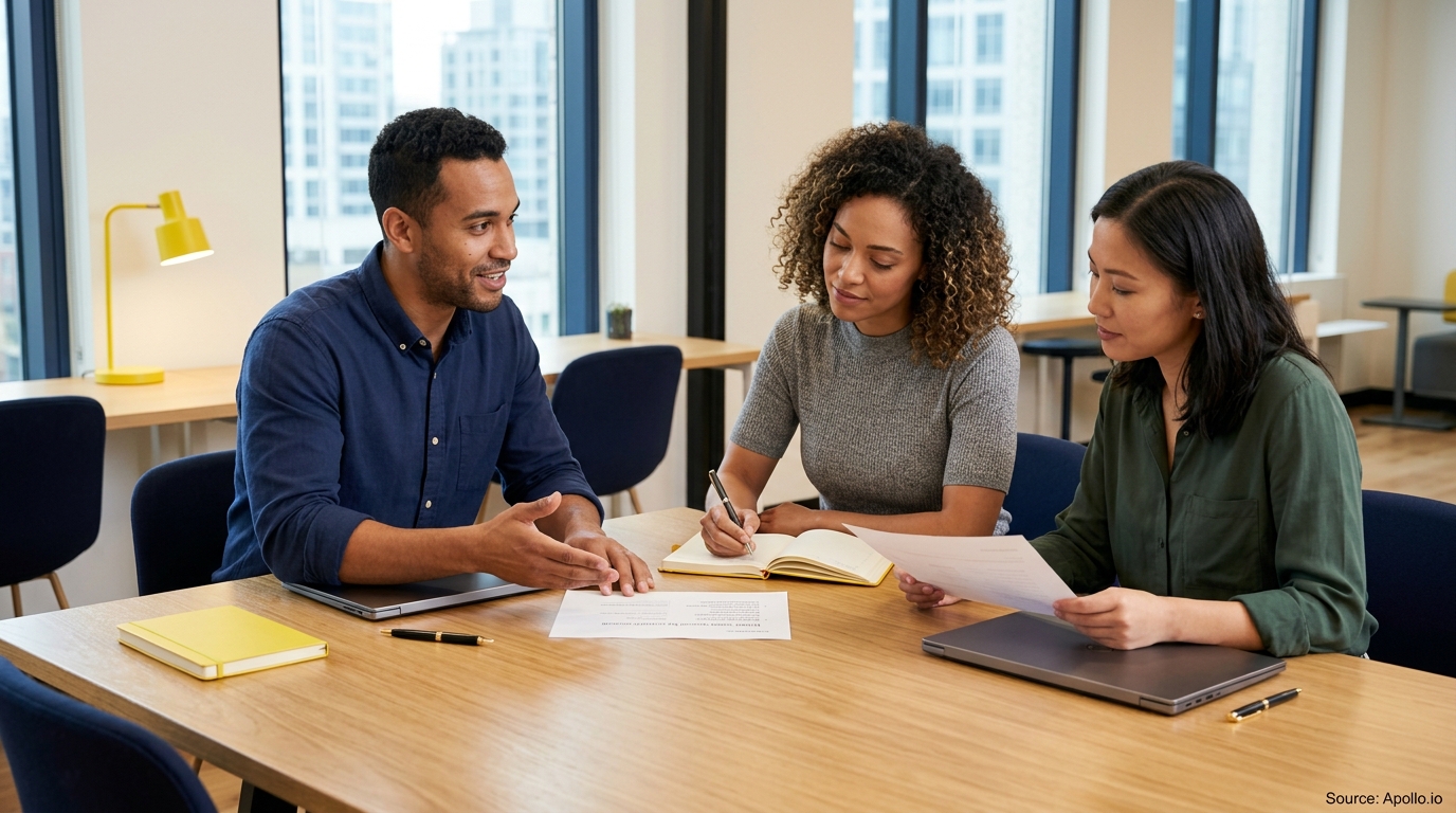 Three professionals review documents and take notes while collaborating around a table in a modern, bright office.