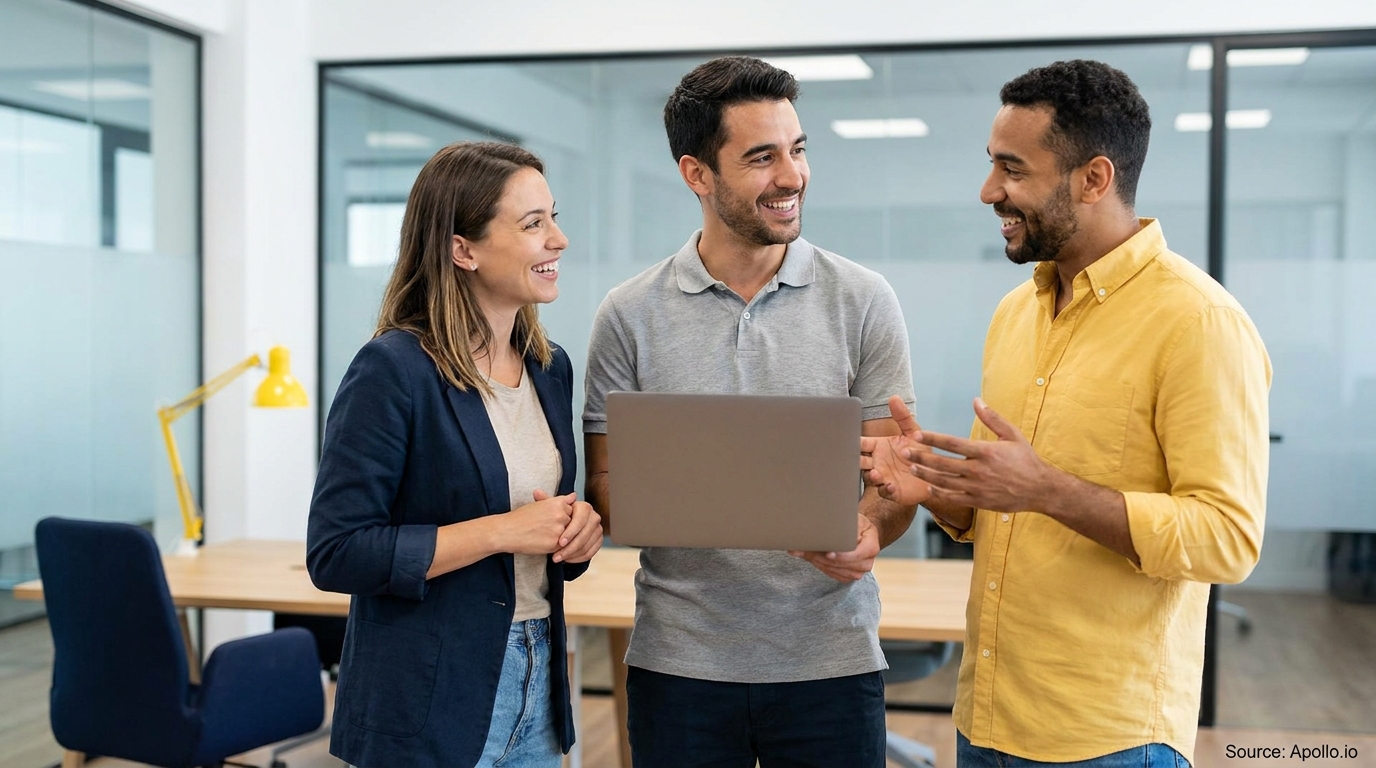 Three smiling professionals discuss a laptop in a modern office.