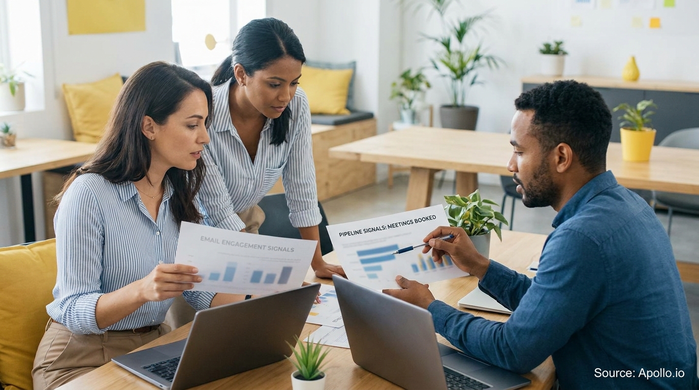 Three professionals review email engagement and pipeline data on charts in a bright office setting.