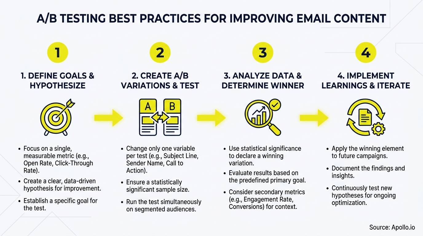 A four-step diagram with icons explaining best practices for A/B testing email content.