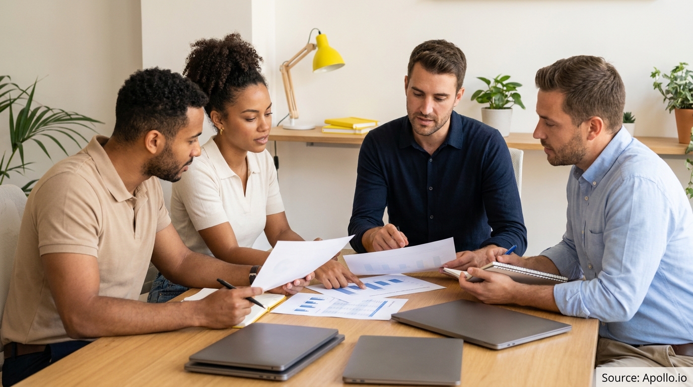 Four diverse colleagues analyze data and discuss findings at an office table.