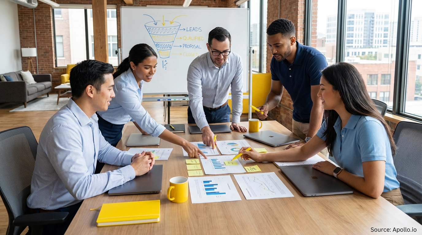 Sales professionals discussing strategy around a conference table in a sales team meeting