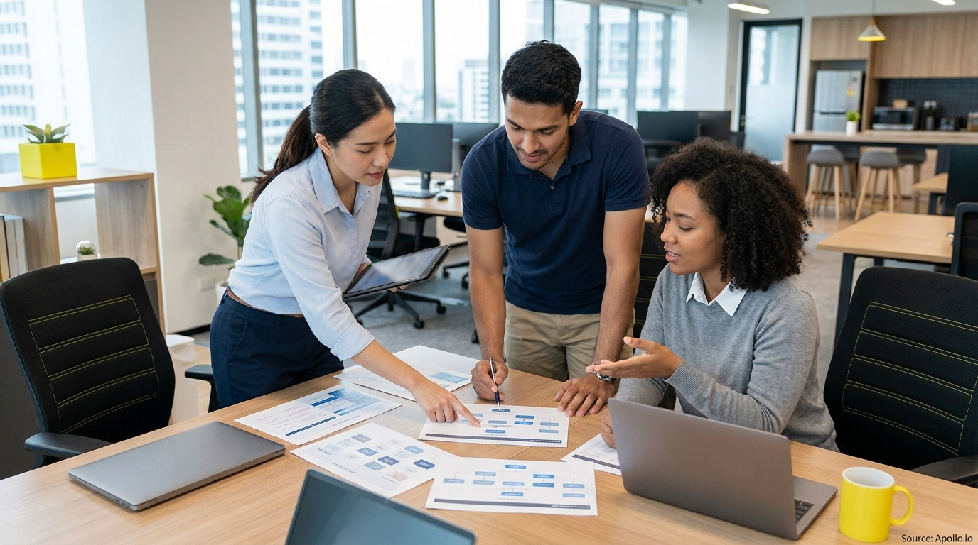 Three diverse professionals discuss charts and documents at a modern office table.