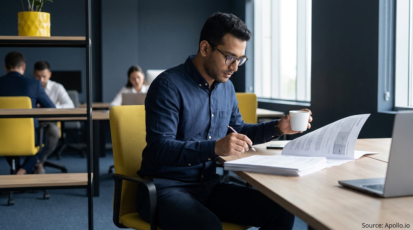 Man reviews documents with a pen and coffee mug at a modern office desk with colleagues.