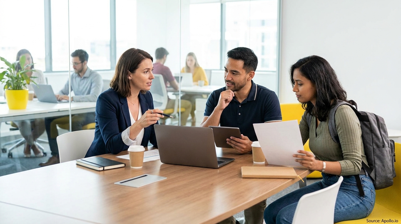 Three colleagues discuss work at a modern office table with laptops and documents.
